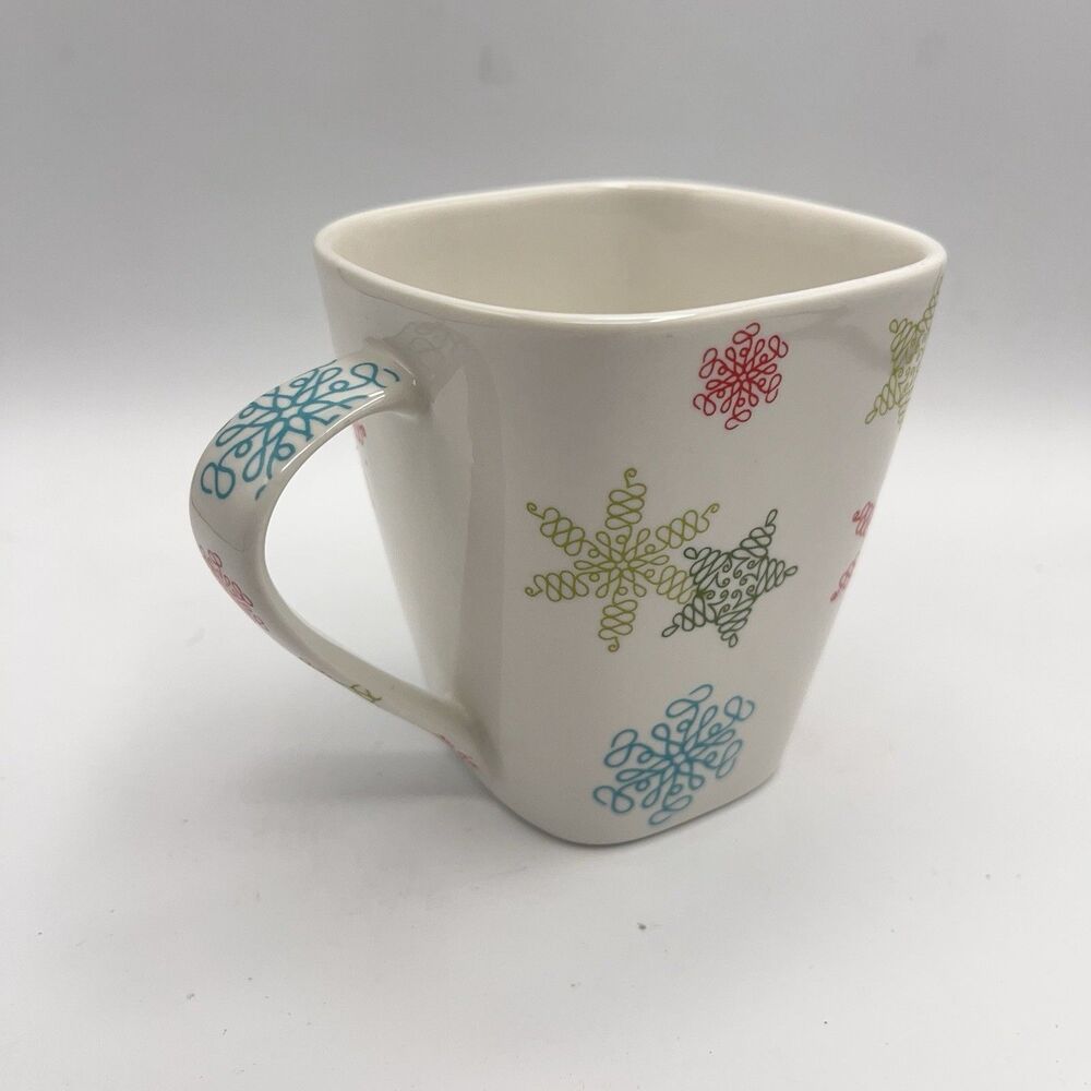 Starbucks 2005 Holiday Square Christmas Mug - Red, Blue, Green Snowflakes Stars - Picture 2 of 10